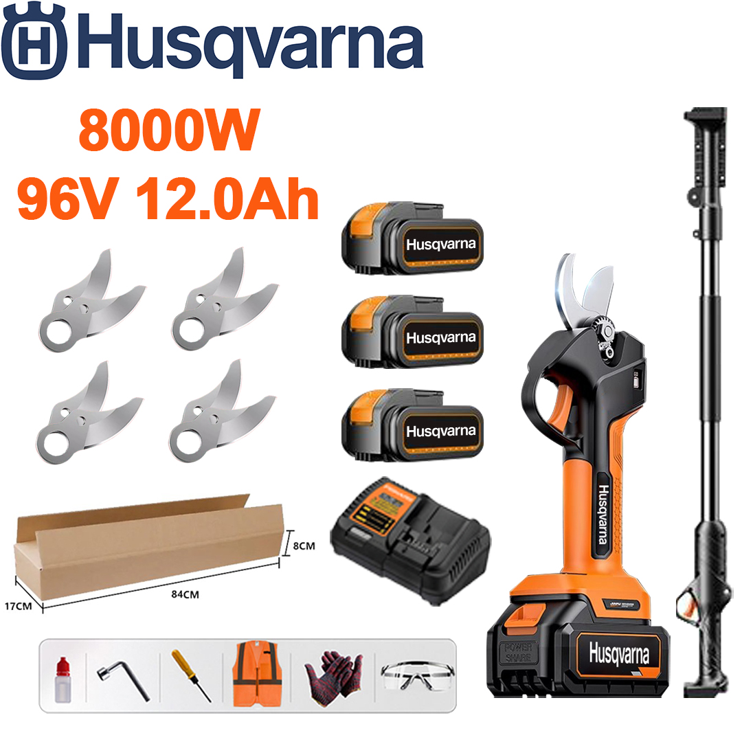 [Varilla de extensión: 1,5 m ~ 4,6 m] Pantalla de alimentación LED - (36 horas de duración de la batería) Tijeras de podar con batería de litio con motor sin escobillas de 8000 W + Batería de 96 V 12,0 Ah * 3 + Cargador + Hoja de aleación sk9 * 4 + caja de herramientas + lubricante + gafas protectoras , 10 años de garantía